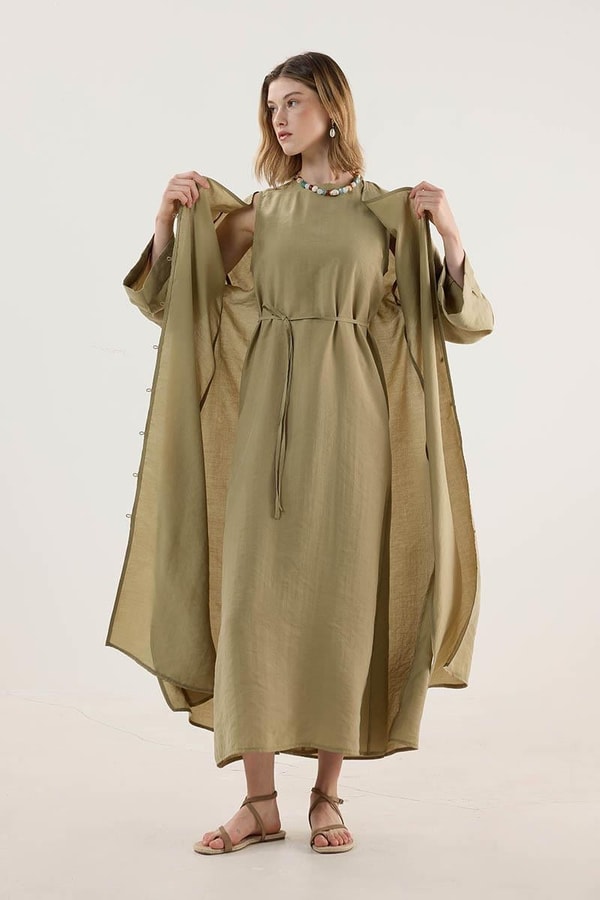 Taşlanmış İnce Tensel Abaya Zeytin Yeşili