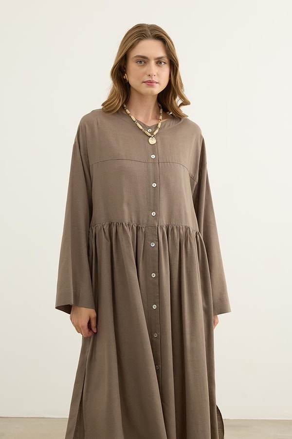 Uzun Kimono Tunik Koyu Vizon