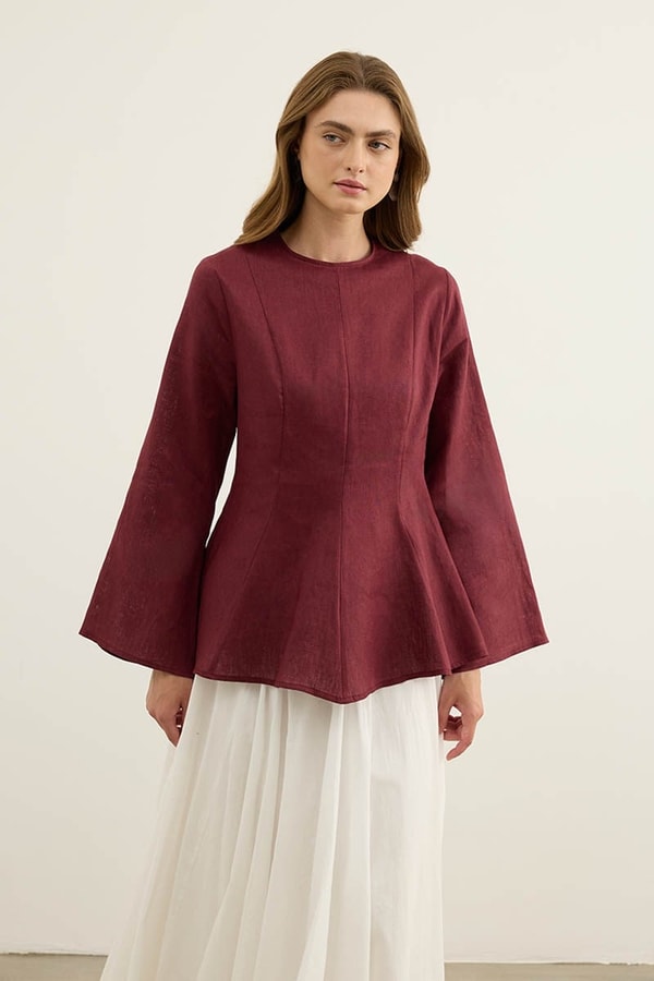 Volanlı %100 Keten Bluz Bordo