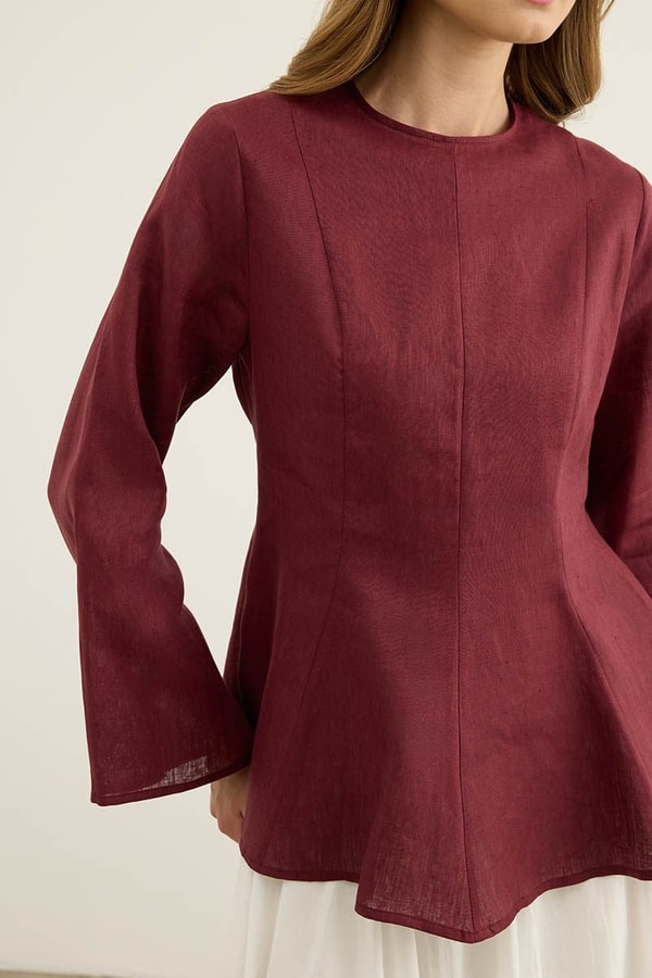 Volanlı %100 Keten Bluz Bordo