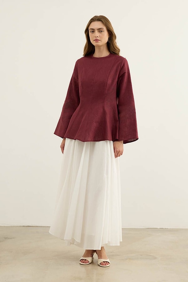 Volanlı %100 Keten Bluz Bordo