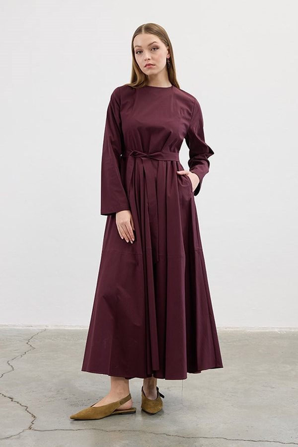 Volanlı Poplin Elbise Mürdüm