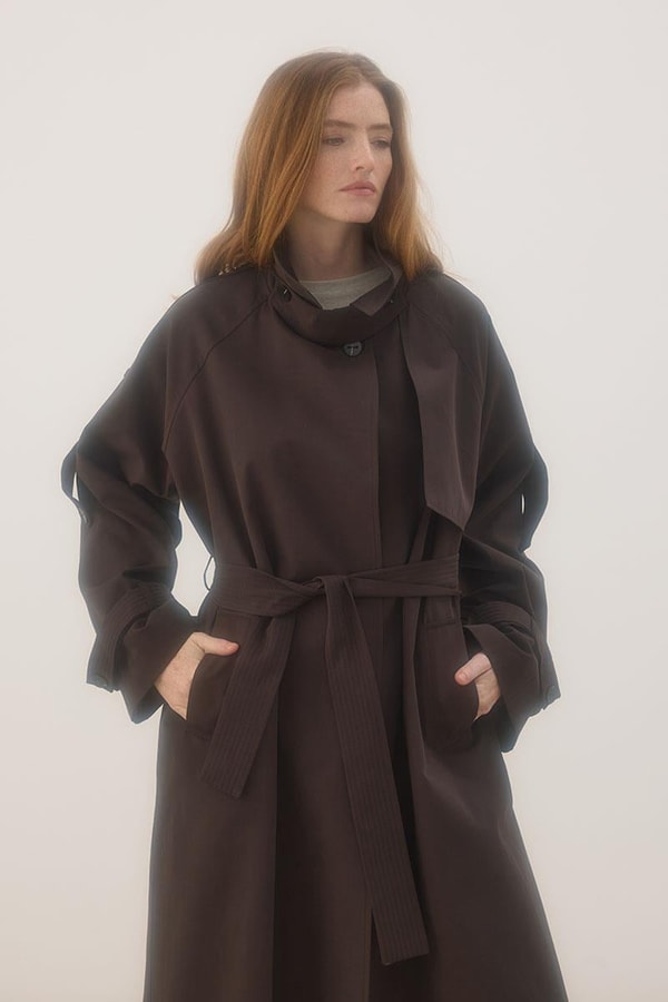 Yüksek Yaka Uzun Trençkot Acı kahve