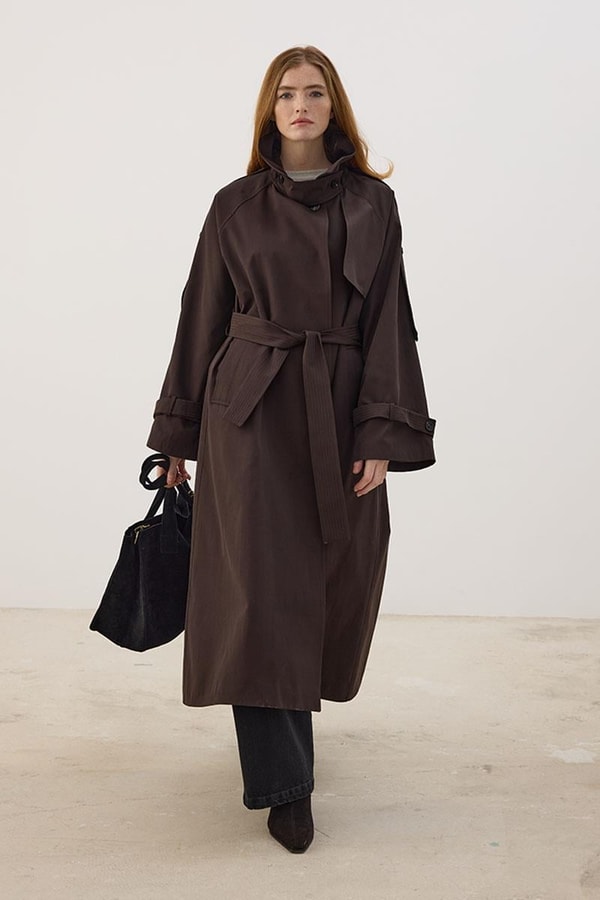Yüksek Yaka Uzun Trençkot Acı kahve