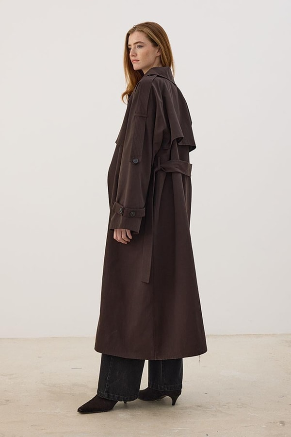Yüksek Yaka Uzun Trençkot Acı kahve