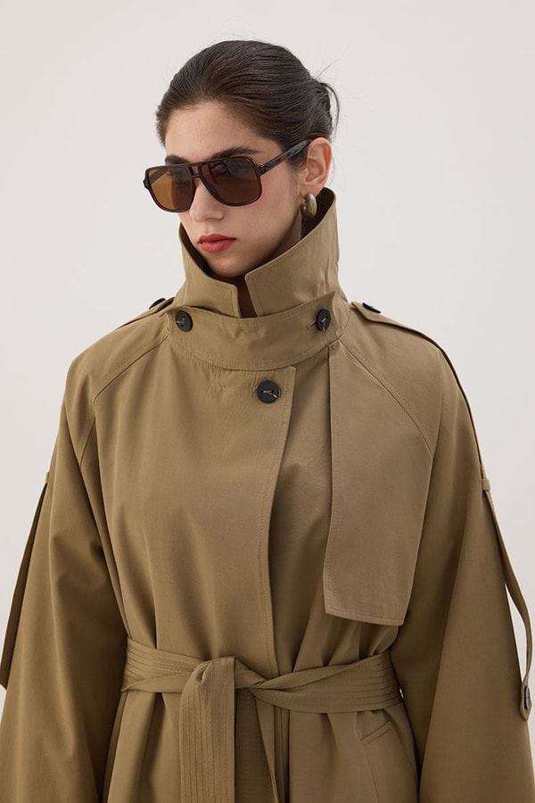 Yüksek Yaka Uzun Trençkot Yağ Yeşili