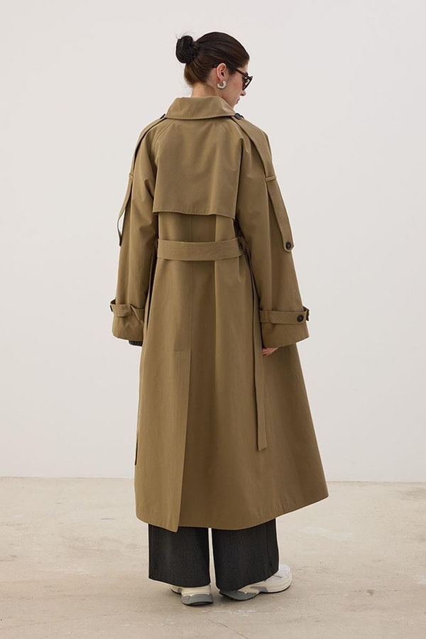 Yüksek Yaka Uzun Trençkot Yağ Yeşili