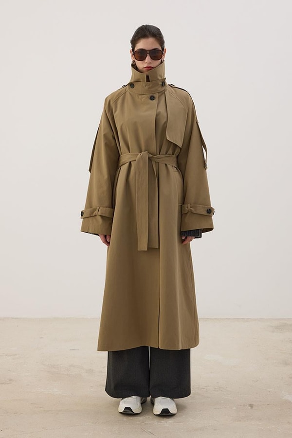 Yüksek Yaka Uzun Trençkot Yağ Yeşili