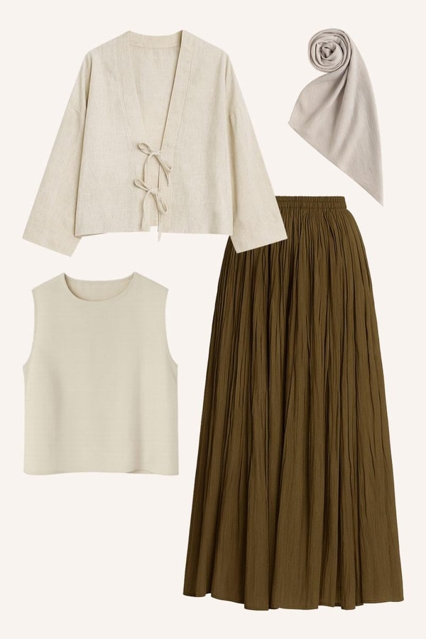 Zeytin Yeşili Pamuk Etek, Keten Kimono, Kolsuz Bluz, Jazz Şal Kombin