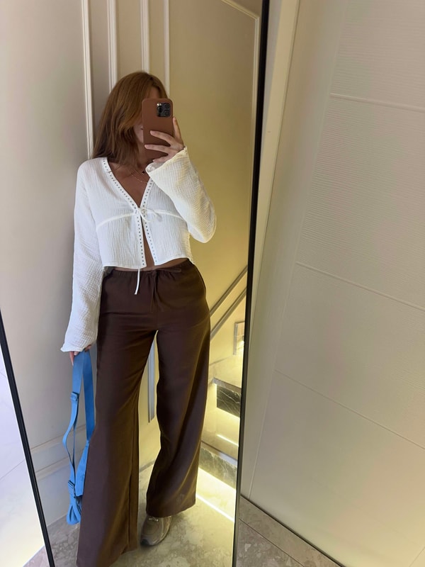 Acı Kahve Beli Bağcıklı Bol Paça Keten Pantolon