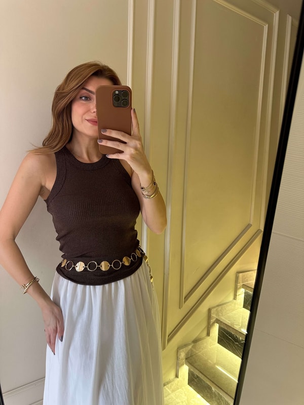 Acı Kahve Halter Yaka Kalın Biyeli Simli Atlet
