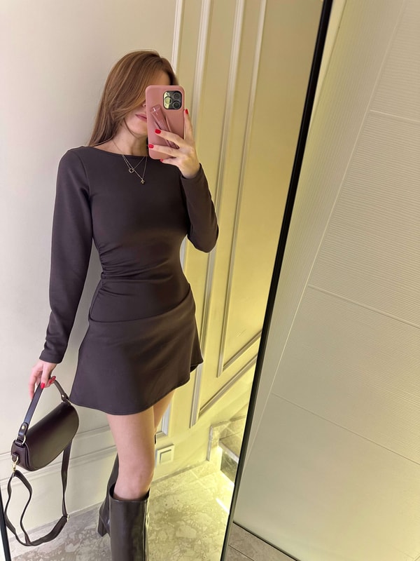 Acı Kahve Sırt Degaje Modal Elbise