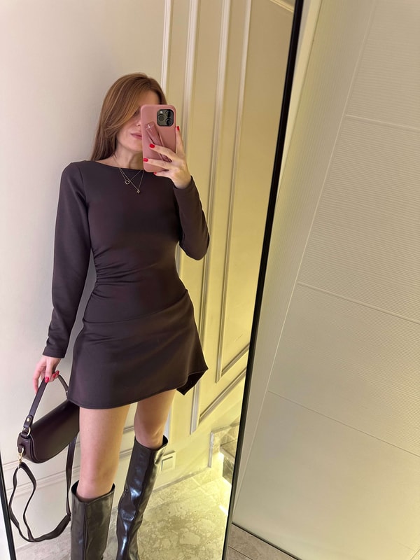 Acı Kahve Sırt Degaje Modal Elbise