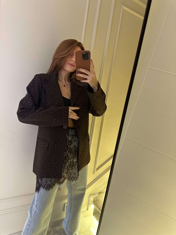 Acı Kahve Taşlı Oversize Blazer Ceket