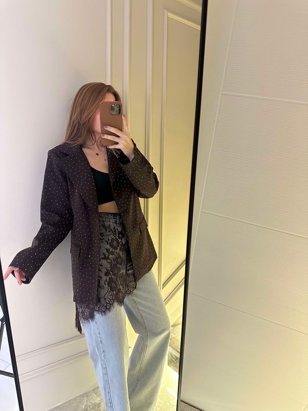 Acı Kahve Taşlı Oversize Blazer Ceket