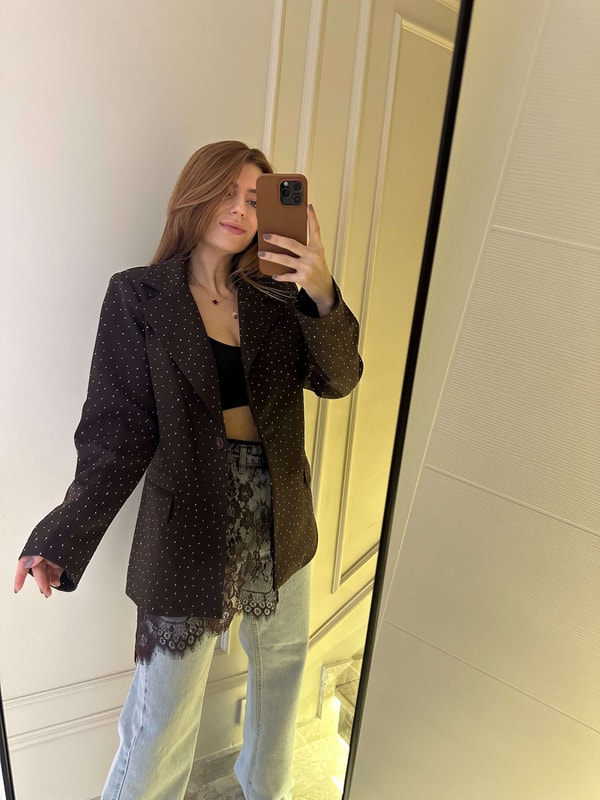 Acı Kahve Taşlı Oversize Blazer Ceket