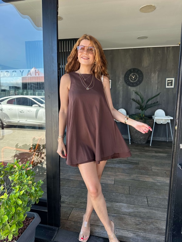 Acı Kahve Volümlü Kısa Elbise