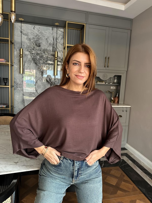 Acı Kahve Yarasa Kol Pamuk Kumaş Bluz