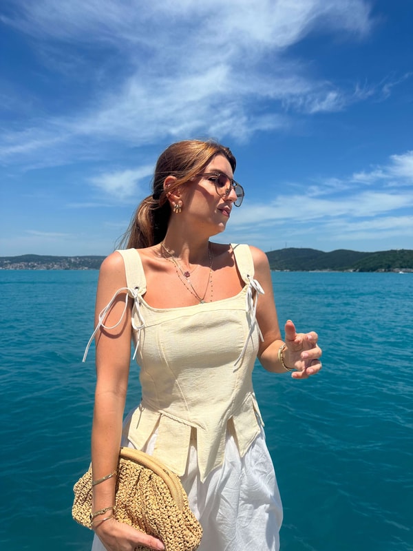 Açık Sarı Askılı Keten Korse Bluz