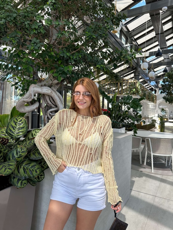 Açık Sarı Transparan Crop Triko Bluz