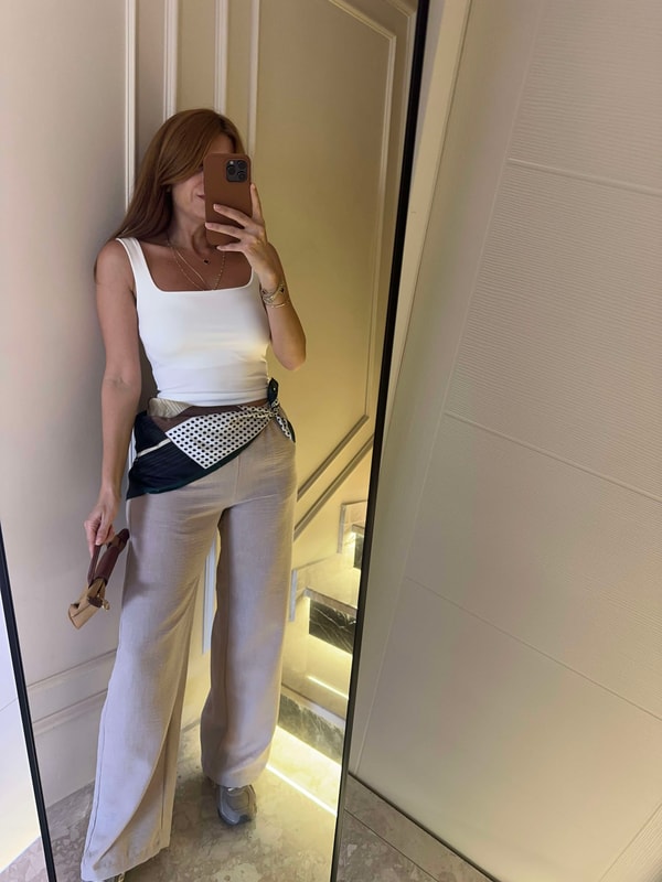 Bej Beli Bağcıklı Bol Paça Keten Pantolon