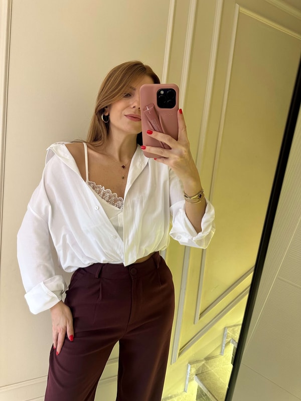 Beyaz Dantel Bluz Detay İkili Crop Gömlek