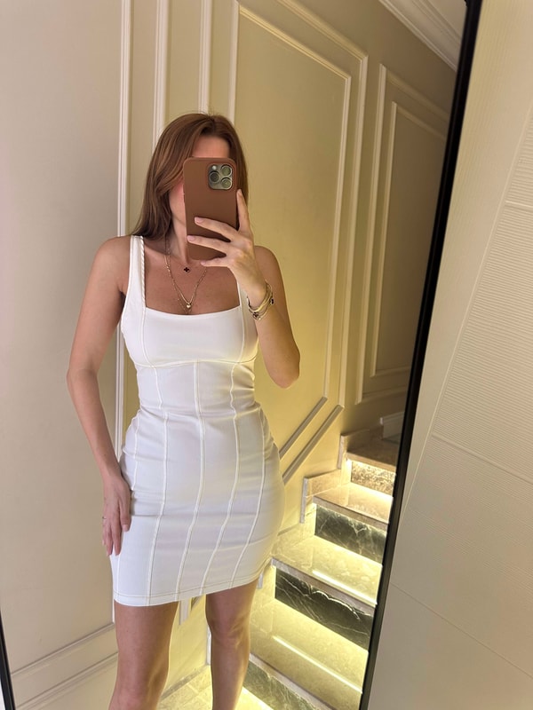 Beyaz Kot Kumaş Askılı Midi Elbise