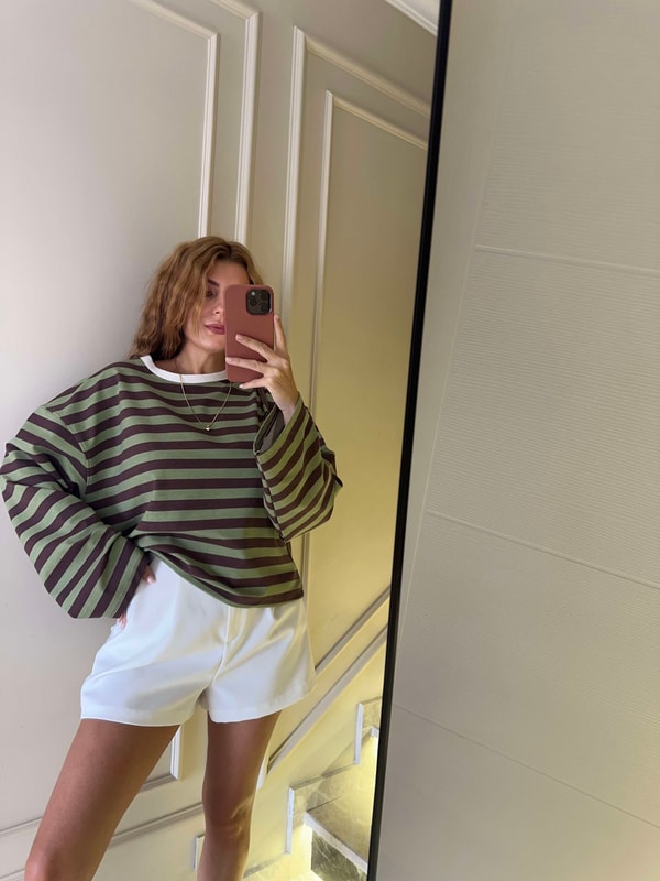 Beyaz Yaka Çizgili Kadın Sweatshirt - HakiKahve