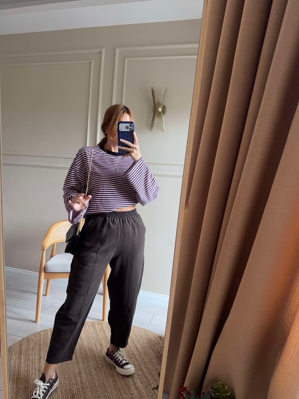Bisiklet Yaka Çizgili Oversize Bluz - PembeSiyah