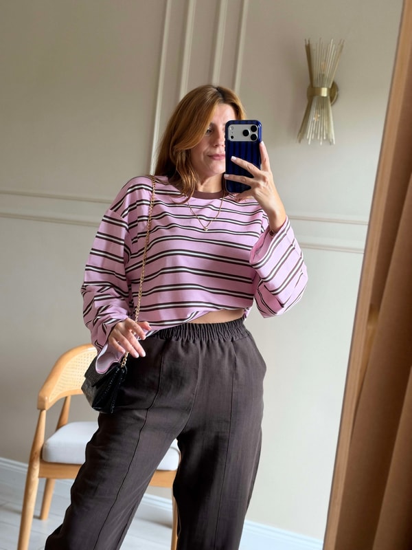 Bisiklet Yaka Çizgili Oversize Bluz - PembeKahve