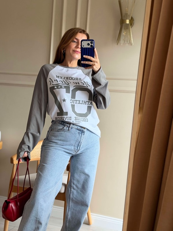 Brooklyn 07 Baskılı Çift Renk Bluz - GriBeyaz