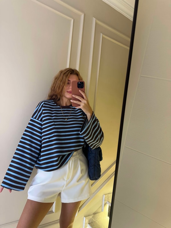 Cep Detay Çizgili Oversize Sweatshirt - MaviKahve