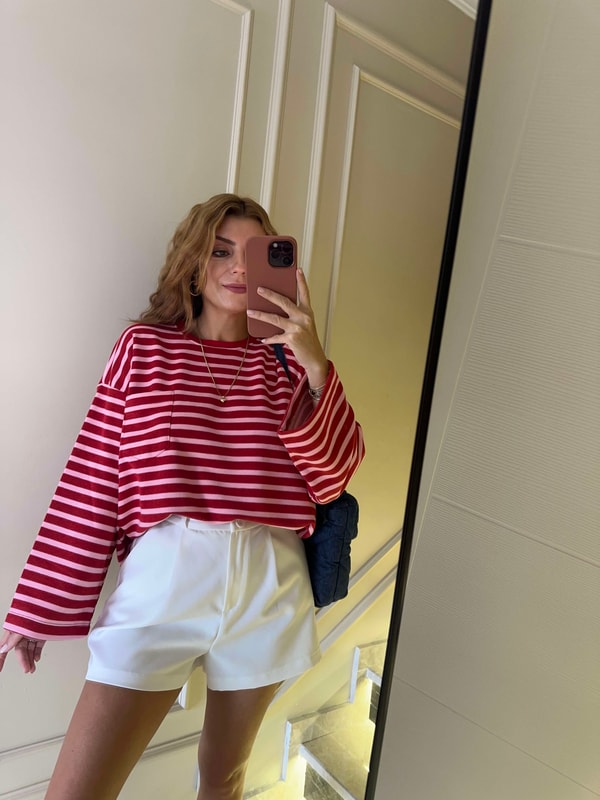 Cep Detay Çizgili Oversize Sweatshirt - KırmızıPembe