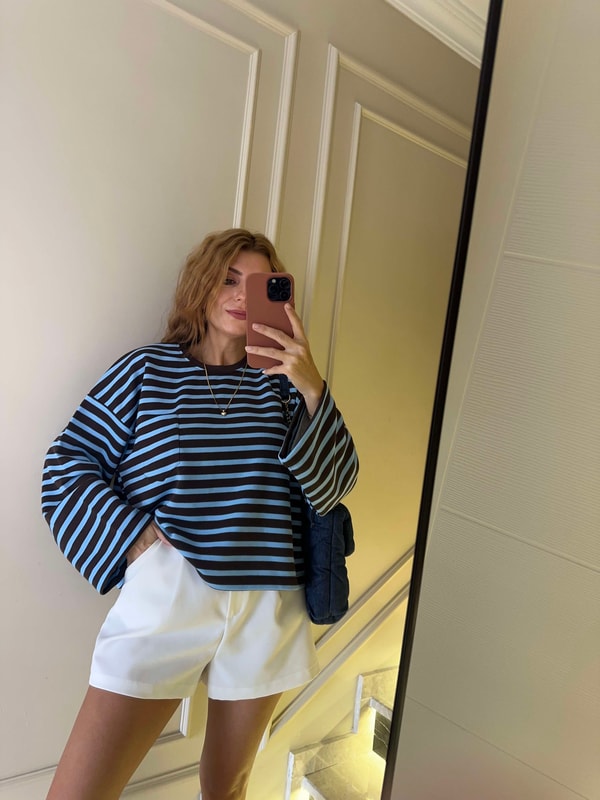 Cep Detay Çizgili Oversize Sweatshirt - MaviKahve