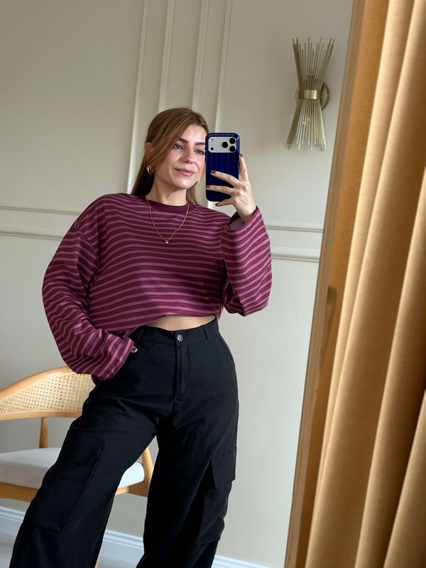 Çizgili Sweatshirt - BordoPembe