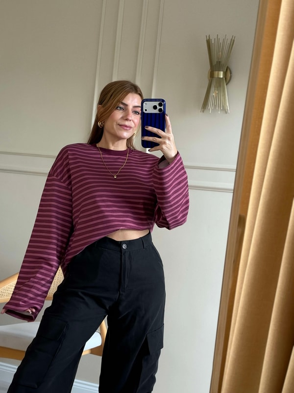 Çizgili Sweatshirt - BordoPembe