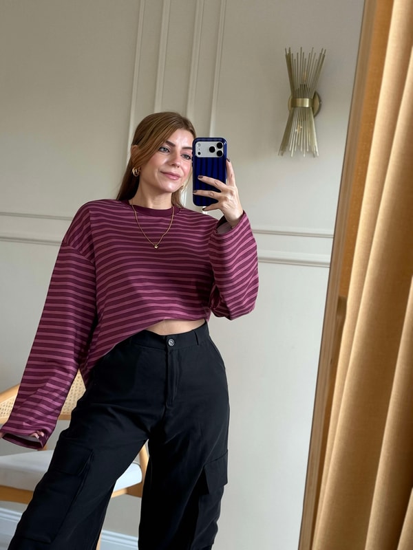 Çizgili Sweatshirt - BordoPembe