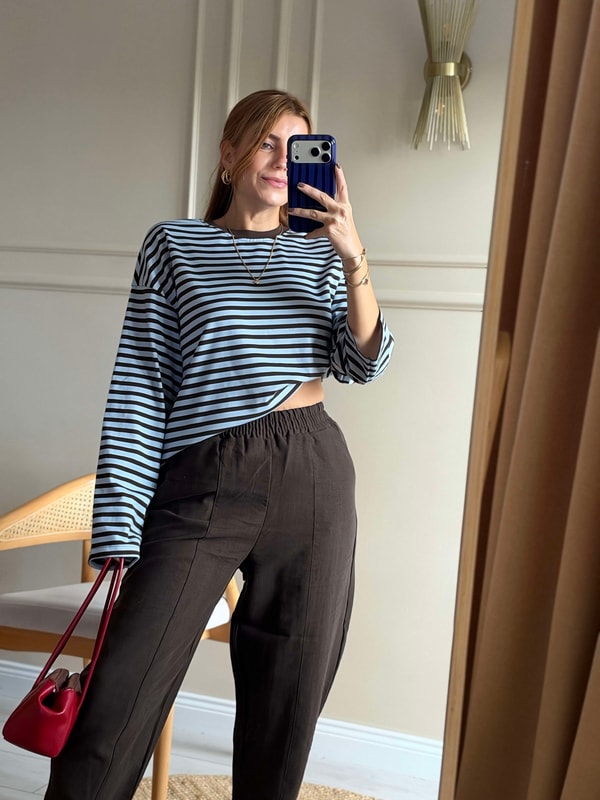 Çizgili Sweatshirt - KahveMavi