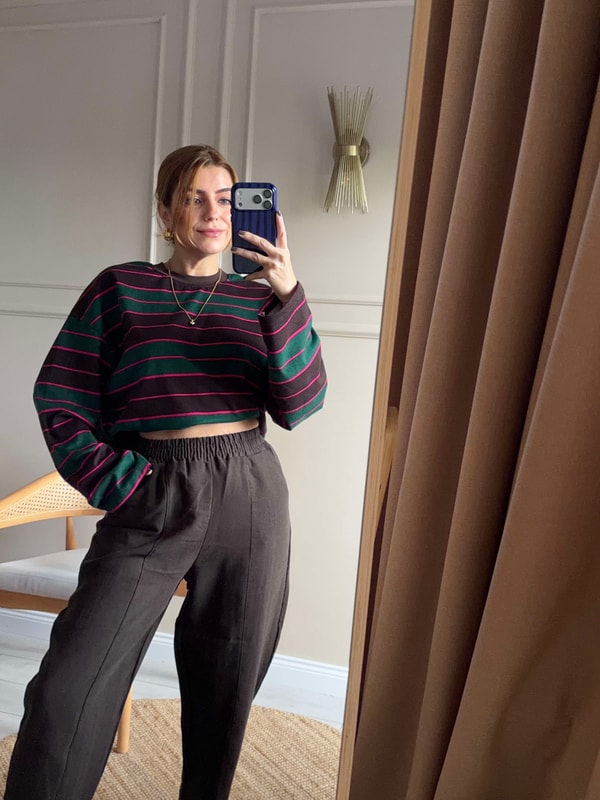 Çizgili Sweatshirt - YeşilKahve