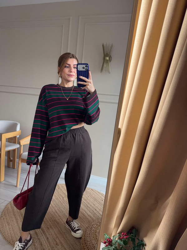 Çizgili Sweatshirt - YeşilKahve