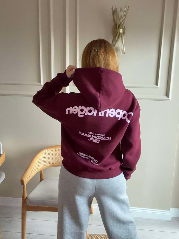 Copenhagen Baskılı Kapşonlu Sweatshirt - Bordo