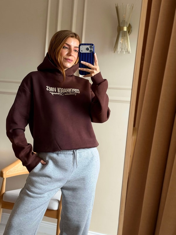Copenhagen Baskılı Kapşonlu Sweatshirt - Acı Kahve