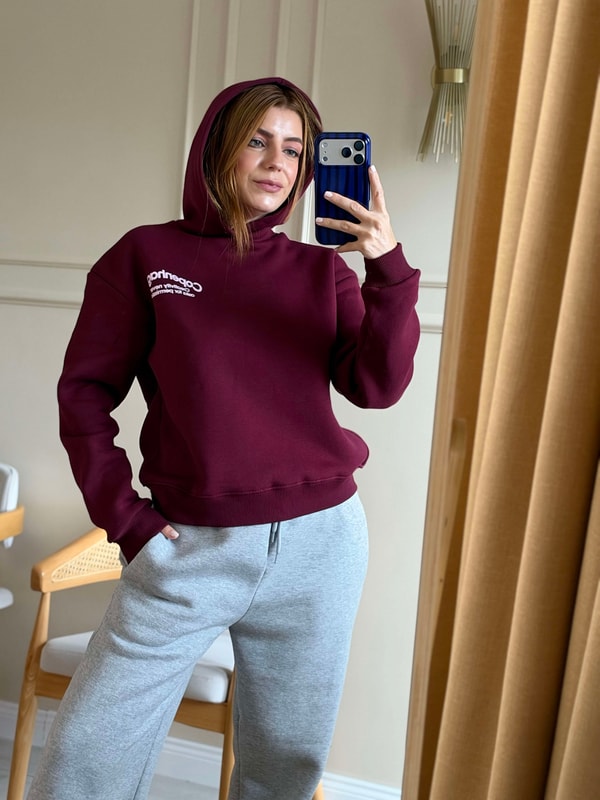 Copenhagen Baskılı Kapşonlu Sweatshirt - Bordo