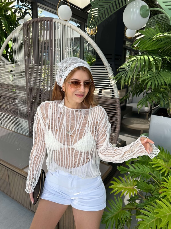 Ekru Transparan Crop Triko Bluz