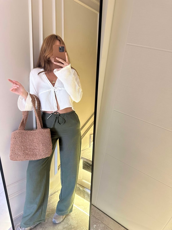Haki Beli Bağcıklı Bol Paça Keten Pantolon