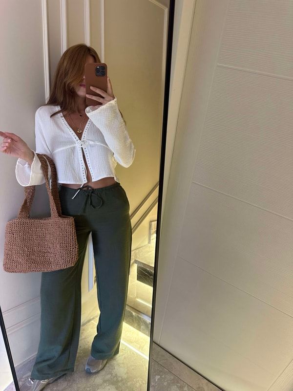 Haki Beli Bağcıklı Bol Paça Keten Pantolon
