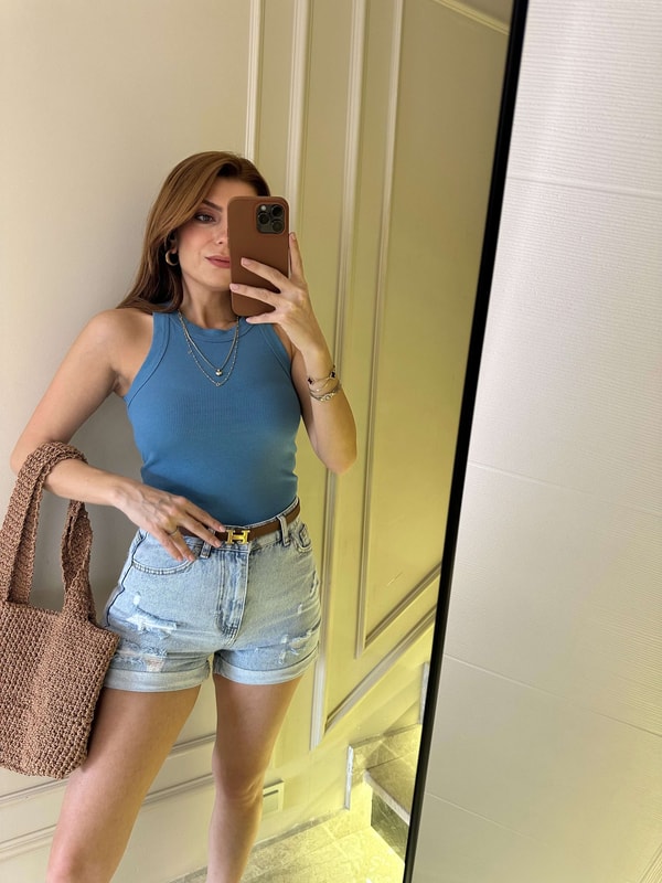 İndigo Mavi Halter Yaka Kalın Biyeli Atlet