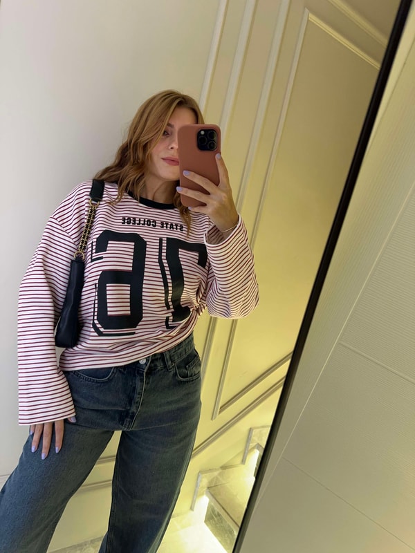 Kadın 76 Baskılı Çizgili Kolej Sweatshirt