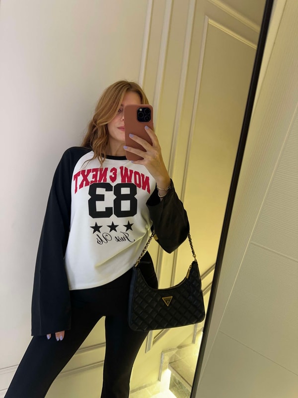 Kadın 83 Baskılı Çift Renk Sweatshirt - SiyahBeyaz