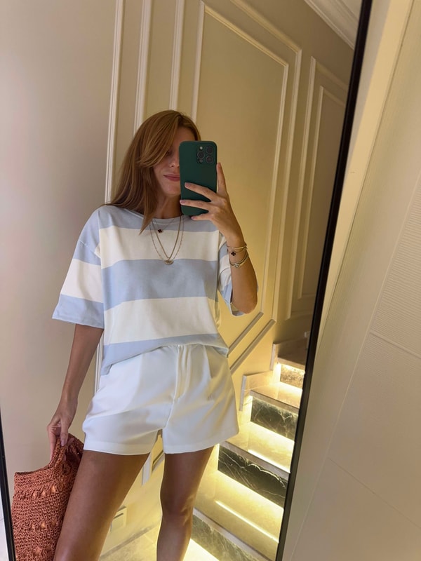 Kadın Bebe Mavi Kalın Çizgili Kısa Kol Tişört